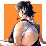  all_fours arm_support ass bad_id bad_pixiv_id bent_over black_hair derivative_work duplicate hat looking_at_viewer looking_back mahan panties red_eyes shameimaru_aya short_hair skirt solo thigh_gap touhou underwear white_panties 