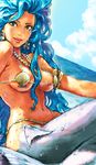  bad_id bad_pixiv_id bikini bikini_top blue_hair breasts cloud copyright_request day dutch_angle earrings face green_eyes jewelry large_breasts lips long_hair looking_at_viewer matsuda_(matsukichi) mermaid micro_bikini monster_girl necklace ocean outdoors pearl pearl_necklace seashell shell shell_bikini sitting sky smile solo swimsuit very_long_hair wavy_hair wet wide_hips 
