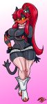  1girl animal_ears big_breasts bikini_top black_shorts boots breasts cat_ears cleavage creatures_(company) crossover fingerless_gloves furry game_freak gen_7_pokemon gloves hair_ornament hand_on_hip highres large_breasts litten long_hair looking_at_viewer nintendo pokemon ponytail red_hair shorts skull_hair_ornament solo tail tengen_toppa_gurren_lagann thecon thick_thighs thighhighs thighs wide_hips yellow_sclera yoko_littner_(cosplay) 