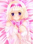  alice_margatroid bad_id bad_pixiv_id blonde_hair blue_eyes breasts hairband large_breasts lying nanase_nao open_clothes open_shirt shirt short_hair solo touhou 