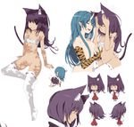  animal_ears animal_print bad_id bad_pixiv_id banned_artist blue_hair blue_oni bottomless chibi copyright_request demon_girl elbow_gloves flat_chest gloves horns japanese_clothes long_hair miko mouth_hold multiple_girls nude oni purple_hair pussy sarashi tail thighhighs tiger_print topless viola_(seed) white_legwear 