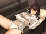  breasts brown_eyes brown_hair cleavage couch green_panties large_breasts lying no_pants oboro_(squeeze) open_clothes open_shirt original panties shirt solo underwear white_shirt 