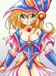  blonde_hair blush boots breasts cleavage dark_magician_girl duel_monster green_eyes hat lowres wand yu-gi-oh! yuu-gi-ou_duel_monsters 