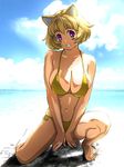  1girl animal_ears barefoot beach big_breasts bikini blonde_hair breast_squeeze breasts cat_ears cleavage cloud feet female large_breasts light_rays navel original outdoors purple_eyes short_hair side-tie_bikini sky smile solo squatting sunbeam sunlight swimsuit ueyama_michirou water 