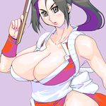  black_eyes black_hair breasts cleavage fan huge_breasts lowres matagitii ponytail shiranui_mai solo the_king_of_fighters 