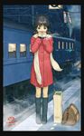  bag black_border black_hair blush boots border breath coat cold grey_eyes ground_vehicle highres kobaneko original overhead_line pantograph scarf short_hair solo train twintails 