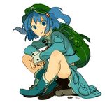  backpack bag bike_shorts blue_eyes blue_hair hair_bobbles hair_ornament iwamoto_zerogo kawashiro_nitori looking_at_viewer sitting smile solo touhou two_side_up 