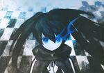  absurdres black_hair black_rock_shooter black_rock_shooter_(character) blue_eyes burning_eye chain checkered glowing glowing_eyes highres hood huge_filesize huke jacket long_hair pale_skin solo twintails uneven_twintails very_long_hair 