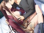  1boy 1girl blush breast_grab breasts brown_hair cleavage clothed couple eyes_closed game_cg grabbing hashimoto_takashi hiiragi_ayumi incipient_kiss long_hair white_breath 