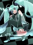  bad_id bad_pixiv_id blue_eyes blue_hair blush detached_sleeves embarrassed hatsune_miku long_hair microphone necktie panties pantyshot pantyshot_(squatting) skirt solo squatting tears tensugi_takashi thighhighs twintails underwear very_long_hair vocaloid 