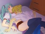  1girl aqua_hair bad_id bad_pixiv_id bangs bent_over between_breasts between_legs black_legwear blonde_hair blue_eyes blush breast_smother breasts buruma dutch_angle embarrassed from_side frown gym_storeroom hatsune_miku head_between_breasts hk indoors kagamine_len long_hair low_twintails lying mat medium_breasts midriff on_back scrunchie shadow shirt shirt_lift short_hair short_sleeves sweat thighhighs twintails vaulting_horse vocaloid 