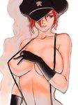  areolae bakuretsu_hunters breasts brown_eyes chocolate_misu collarbone fumio_(rsqkr) gloves hair_over_one_eye hat hat_over_one_eye huge_breasts lips lipstick makeup naked_suspenders red_eyes red_hair revealing_clothes shadow short_hair solo suspenders topless 