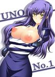  blush breast_hold breasts gloves kuronezumi large_breasts lyrical_nanoha mahou_shoujo_lyrical_nanoha_strikers nipples no_bra numbers_(nanoha) open_clothes open_shirt purple_hair shirt solo uno_(nanoha) yellow_eyes 