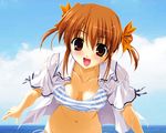  blush bra breasts cloud covered_nipples day fumio_(ura_fmo) hair_ribbon highres lingerie medium_breasts ocean open_clothes open_shirt orange_hair ribbon sakura_chika school_uniform shirt solo sorauta striped underwear wet wet_clothes 