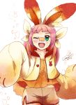  1girl animal_ears appleko bandage_on_face bunny_ears creatures_(company) crossover eyebrows game_freak green_eyes heart highres hood hoodie inazuma_eleven inazuma_eleven_(series) inazuma_eleven_ares_no_tenbin looking_at_viewer miniskirt nintendo one_eye_closed open_mouth pink_hair pokemon pokemon_(game) pokemon_swsh scorbunny short_hair skirt smile tagme 