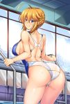  1girl ahoge artoria_pendragon_(all) artoria_pendragon_(lancer) ass bangs bare_shoulders blue_eyes braid breasts commentary_request competition_swimsuit cowboy_shot eyebrows_visible_through_hair fate/grand_order fate_(series) french_braid gluteal_fold hair_between_eyes highres impossible_clothes impossible_swimsuit indoors large_breasts leaning_forward lens_flare looking_at_viewer one-piece_swimsuit pool pool_ladder poolside shirokuma_a sidelocks smile solo sunlight swimsuit thigh_gap thighs water wet white_swimsuit wide_hips window 