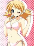  bikini blonde_hair blue_eyes blush bra breasts cleavage lingerie midriff navel sasamori_karin short_hair swimsuit to_heart_2 underwear wink 