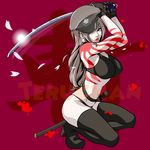  black_legwear blood breasts brown_hair cherry_blossoms earrings hat jewelry katana large_breasts legs lips lipstick long_hair makeup mole mole_under_mouth navel original rising_sun solo squatting sunburst sword tattoo teruchan thighhighs weapon 