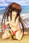  absurdres barefoot beach bikini blush breast_hold breasts brown_hair cameltoe cat covering day feet hands highres little_busters! long_hair na-ga natsume_rin navel ocean outdoors ponytail red_eyes small_breasts solo swimsuit topless very_long_hair water 