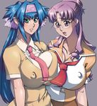  asymmetrical_docking blue_hair breast_press breasts brown_eyes covered_nipples glasses green_eyes huge_breasts impossible_clothes impossible_shirt klan_klein macross macross_frontier matagitii matsuura_nanase meltrandi multiple_girls purple_hair shirt zentradi 