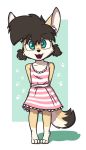  2018 aggie_(artist) anthro brown_hair canid canine clothed clothing cub digital_media_(artwork) dress female fennec footprint fox freckles fur green_eyes hair inner_ear_fluff kaelie looking_at_viewer mammal open_mouth pawprint pigtails shirt simple_background smile solo standing young 