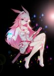  1girl animal_ears bangs bare_arms bare_shoulders blue_eyes bow breasts collarbone commentary_request dress eyebrows_visible_through_hair fishnets fox_ears full_body glass hair_between_eyes hat highres holding holding_weapon honkai_(series) honkai_impact_3 large_breasts long_hair looking_at_viewer pink_hair pumps single_thighhigh solo sword thighhighs water weapon white_dress white_footwear white_legwear wristband wu_yao_jun yae_sakura_(honkai_impact) 