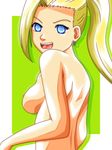  1girl :d back blonde_hair breasts bust earrings empty_eyes female from_behind jewelry long_hair looking_back naruto nipples nude open_mouth ponytail shadow shiny shiny_hair shiny_skin sideboob smile solo umetama upper_body yamanaka_ino 