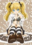  artist_request blonde_hair blue_eyes bra daikuuji_ayu hair_ribbon kimi_ga_nozomu_eien kneehighs lingerie long_hair navel open_clothes open_shirt panties ribbon shirt socks solo striped striped_legwear twintails underwear 