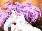  1girl animal_ears breasts cleavage fox_ears game_cg ikazuchi_no_senshi_raidy japanese_clothes kimono large_breasts lightning_warrior_raidy long_hair purple_hair smile solo white_clothes 