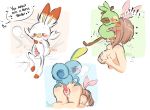  1girl ass bestiality blue_eyes blush breasts brown_hair creatures_(company) cum cum_in_pussy eyes_closed fellatio female_protagonist_(pokemon_swsh) furfursha game_freak grookey heart nintendo oral orange_eyes penis pokemon pokemon_swsh pussy scorbunny short_hair simple_background sobble tail testicles text_focus vaginal white_background 