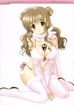  absurdres azuma_yuki between_breasts boots bra breasts brown_eyes brown_hair can copyright_request front-tie_top highres large_breasts lingerie long_hair panties pink_bra pink_panties side-tie_panties solo thigh_boots thighhighs underwear underwear_only 