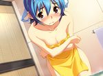  ai_shimai_~docchi_ni_suruno!!~ bathroom blue_hair blush breasts brown_eyes cleavage covering crossed_arms embarrassed game_cg hair_ribbon hairband honda_yuuna medium_breasts nude nude_cover ribbon sameda_koban short_hair solo towel 