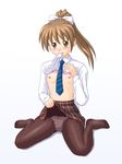  blue_neckwear blush bra brown_eyes brown_hair crotch_seam feet flat_chest hair_ribbon lielos lingerie mouth_hold necktie nipples original panties panties_under_pantyhose pantyhose plaid plaid_skirt poniko_(lielos) ponytail ribbon school_uniform shirt_lift skirt skirt_lift solo underwear 