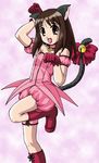  1girl animal_ears arm_garter azumanga_daiou bell boots bow brown_eyes brown_hair cat_ears cat_tail choker collar cosplay duplicate garters gloves happy jingle_bell kasuga_ayumu leotard long_hair looking_at_viewer mew_ichigo mew_ichigo_(cosplay) parody paw_pose simple_background smile solo tail tail_bell tokyo_mew_mew 