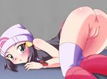  ass black_eyes black_hair blush hat hikari_(pokemon) looking_at_viewer no_panties platinum_berlitz pokemon pokemon_special pussy skirt takappe thighhighs uncensored 