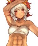  1girl abs arm_up closed_mouth dark_skin facial_mark fire_emblem fire_emblem_if jurge mask nintendo red_eyes rinka_(fire_emblem_if) sarashi short_hair simple_background solo upper_body white_background white_hair 