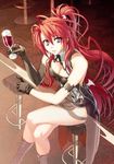  alcohol bar bar_stool breasts champagne cleavage elbow_gloves gloves ignis jingai_makyou legs_crossed long_hair purple_eyes red_hair sitting smile stool thighhighs wine 