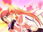  2girls alcia_elgarant cg eyes_closed game game_cg hgame kiss m&amp;m magical_witch_academy maho multiple_girls school_uniform sky yuri 