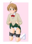  ahoge bike_shorts blush brown_eyes brown_hair copyright_request lielos panties school_uniform skirt skirt_lift socks solo sweater underwear 