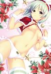  absurdres bell bell_collar blue_eyes breasts collar flower highres koutaro lying medium_breasts no_bra open_clothes open_shirt original panties shirt short_hair silver_hair solo striped striped_legwear thighhighs underwear 