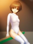  balance_beam bob_cut breasts brown_eyes brown_hair covered_nipples gymnast_leotard gymnastics head_tilt highres leotard original samejima_minoru see-through short_hair sitting small_breasts solo thighhighs white_legwear 