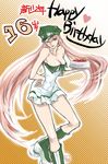  air_gear bangs bare_shoulders birthday birthday_cake boots breasts brown_eyes cake candle cleavage collarbone dress floating_hair food fruit goggles goggles_on_headwear green_footwear hair_between_eyes halftone halftone_background hand_on_hip happy_birthday hat highres holding inline_skates large_breasts legs lipstick long_hair looking_at_viewer makeup nail_polish number one_eye_closed orange_background outline pastry peaked_cap pink_hair plate red_nails roller_skates seyo short_dress signature simca skates smile solo standing strawberry transparent twintails very_long_hair 