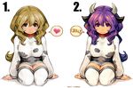  :3 animal_ears animal_print blue_eyes breasts brown_hair collar cow_ears cow_girl cow_print heart horns kumatanchi large_breasts long_hair multiple_girls purple_eyes purple_hair shigatake thighhighs ushi-oneesan 