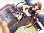  bdsm breasts brown_hair cum dominatrix feet femdom footjob green_eyes long_hair midriff penis shoejob source_request very_long_hair whip whipping 