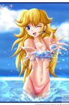  1girl bikini blue_eyes blue_sky breasts cloud earrings happy jewelry mario_(series) navel nintendo open_mouth peach princess_peach sky smile solo splash splashing super_mario_bros. swimsuit topless water wink 