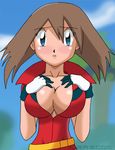  1girl breasts cleavage crosscutter haruka_(pokemon) huge_breasts pokemon solo 