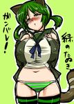  animal_ears breasts cleavage copyright_request covered_nipples green_background green_hair henkuma highres huge_breasts no_pants panties solo striped striped_legwear striped_panties tail thighhighs underwear yellow_eyes 