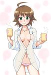  ahoge awakened_miki blush breasts brown_hair cleavage cup dress_shirt green_eyes hoshii_miki idolmaster idolmaster_(classic) idolmaster_1 maru_(sara_duke) medium_breasts mug no_bra oekaki open_clothes open_shirt panties see-through shirt short_hair smile solo underwear 