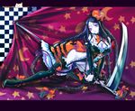  :&lt; black_hair boots breasts cleavage copyright_request detached_sleeves hakoiri_nekohime halloween large_breasts letterboxed no_panties pale_skin purple_eyes scythe solo thigh_boots thighhighs witch 