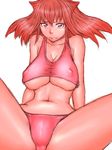  bare_shoulders bikini breasts fumio_(rsqkr) huge_breasts long_hair navel original red_eyes solo spread_legs swimsuit underboob 